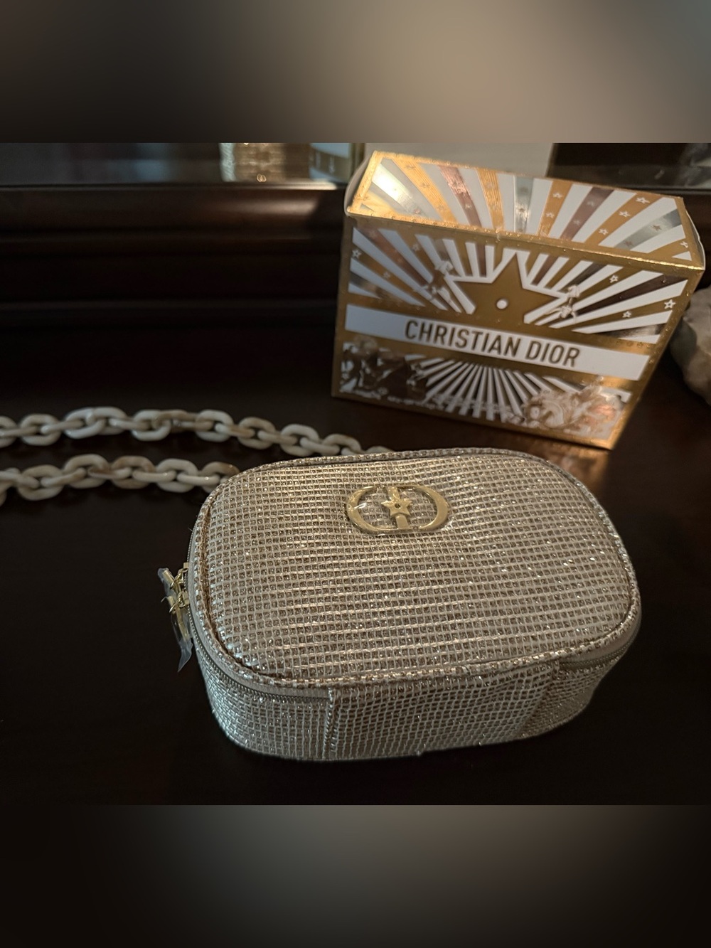 Dior Silver Crystal Mesh Crossbody with White Chain